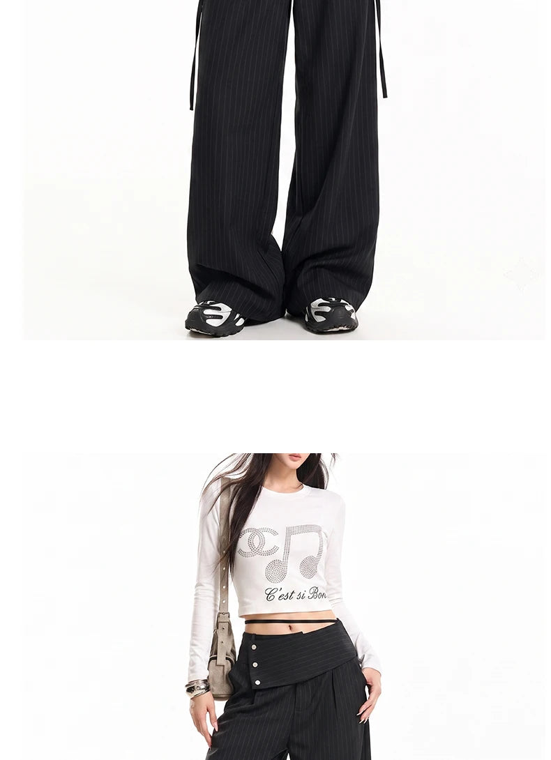Detachable Skirt Panel Striped Suit Pants Women Turn Up Cuff Tie Waist Straight Wide Leg Trousers Loose Casual Streetwear Pants