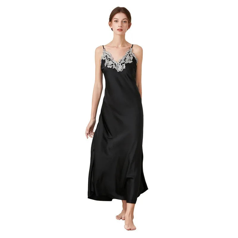 1 PCS Women's Silk Like Lace Sexy V Neck Long Sling Sleep Dress Pajamas Elegant Soft Skin-Friendly Fashion Home Wear