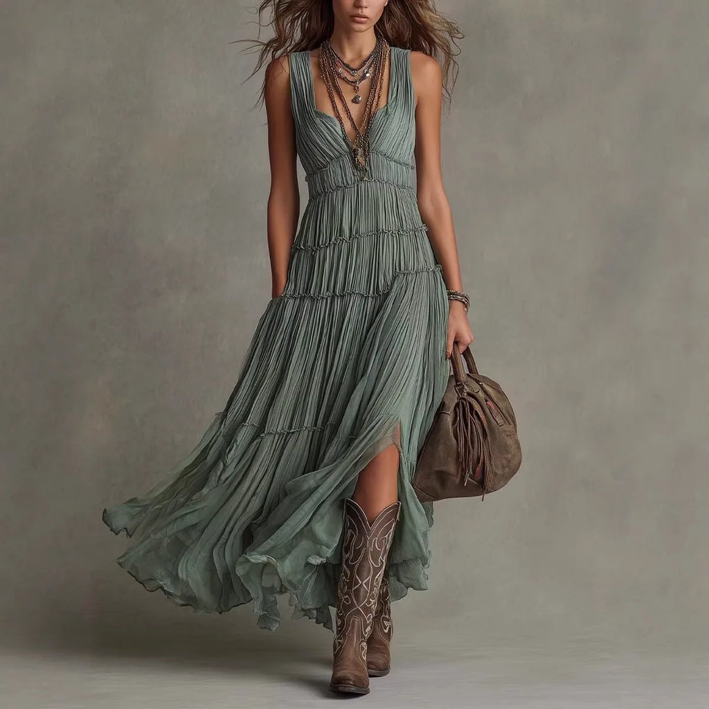 Elegant Summer Dress round Neck Sleeveless Loose Drapey Midi A-Line Skirt Elegant Dress Pleated Skirt Polyester Fabric