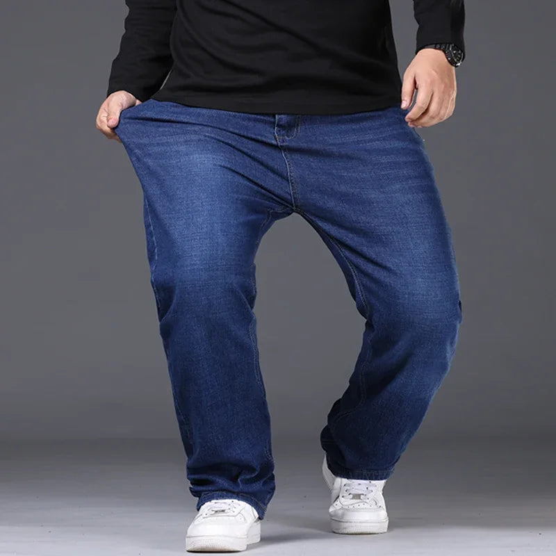 42-50 Plus Size Men's Jeans Business Casual Denim Pants High Waist Straight Leg Loose Elastic Comfortable Trousers Male Clothing