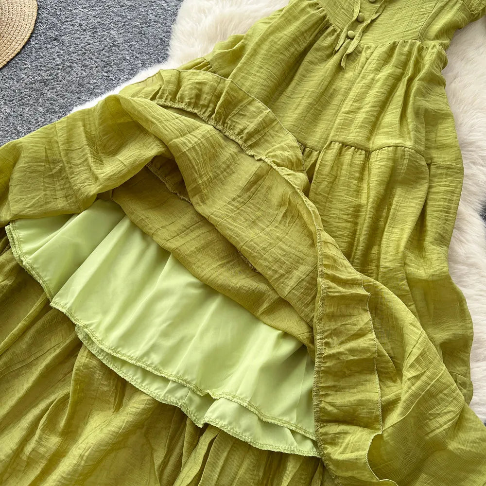 Summer French Sweet Camisole Ruffle Edge Dress for Women New Style with Straps Waist Cinching Vacation Style Dress C579