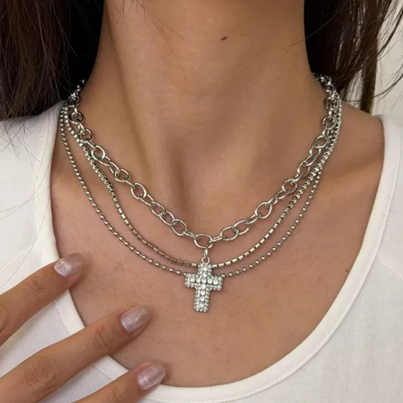Y2K Rhinestone Cross Pendant Necklace Double Layered Silver Color Chain Choker Gothic Necklaces Party Jewelry Women Accessories