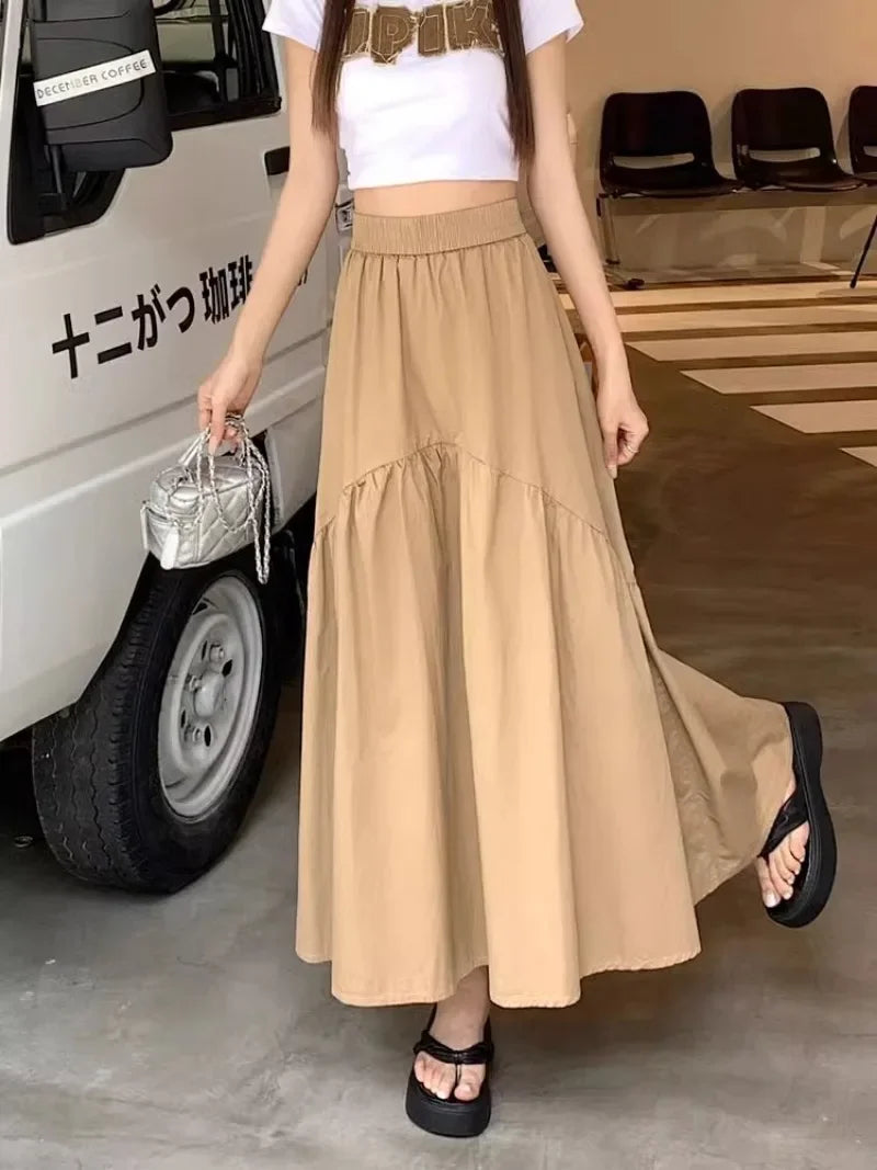 Elegant Women's Skirt Autumn New A-line Simple Fashion Solid Color Bustier Korean Pleated Splicing Elastic Waist Long Skirt