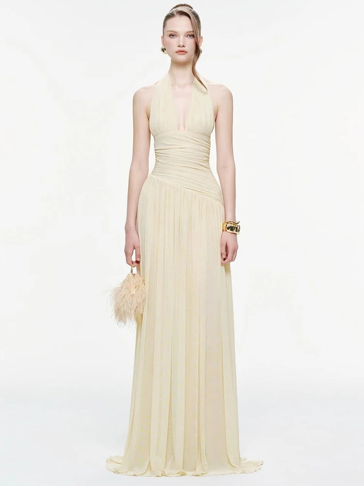 Nibber Backless Fashion Draped Maxi Dress Women Halter Bandage Tassel v-Neck Sleeveless Birthday Party Elegant Chic Vestidos