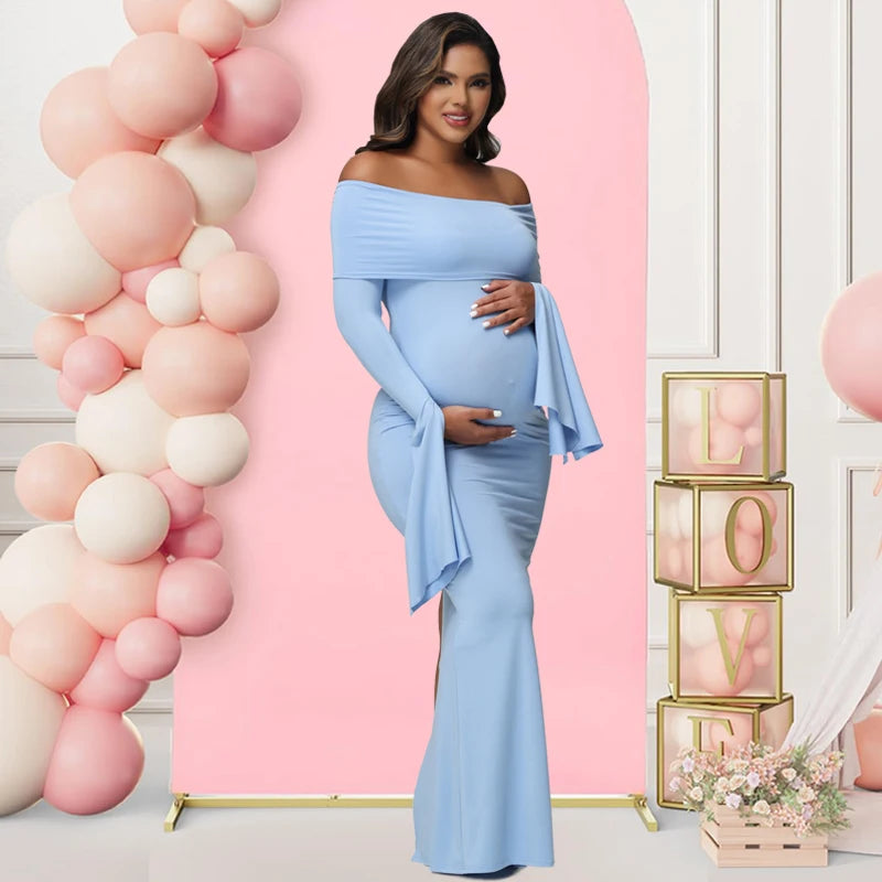 Off - Shoulder Bodycon Maternity Maxi Gown | Baby Shower Photoshoot
