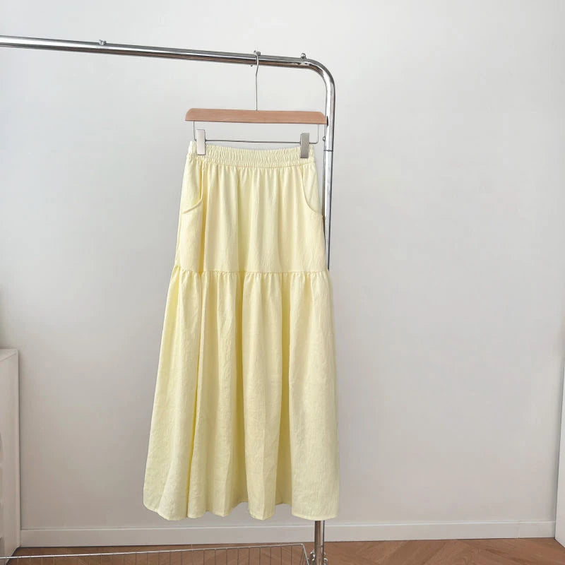 Summer Women Skirts Vintage High Waist Elastic Patchwork White Long skirt Chic pink skirt Long Cake A-line Skirt