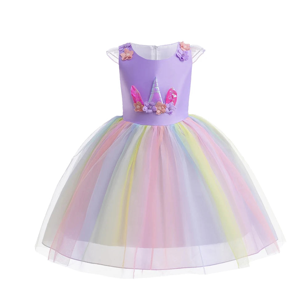 Kids Clothes Summer Girls Dress Short Sleeves Rainbow Princess Dress For Children Baby Birthday Party Clothing Unicorn 3-8years