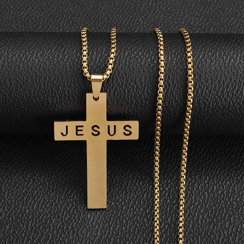 Jesus Christ Cross Mens Necklace Gold Color Cross Religious Pendant Necklace Accessory Chain Accessories