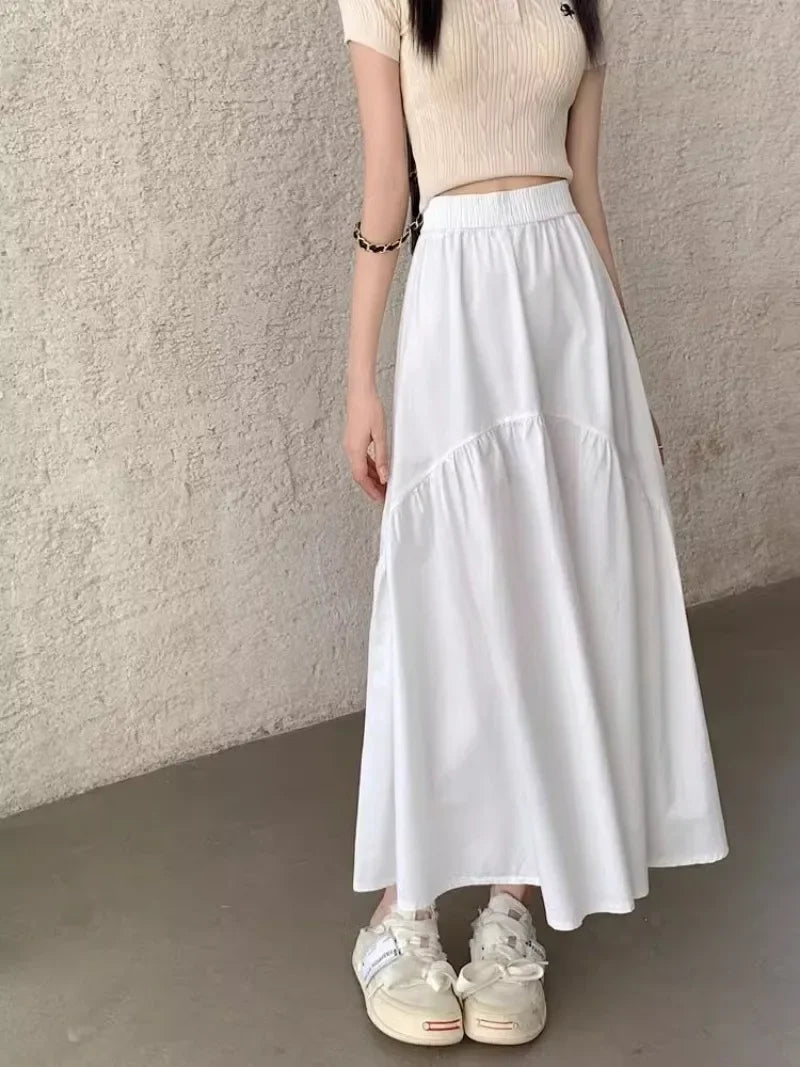 Elegant Women's Skirt Autumn New A-line Simple Fashion Solid Color Bustier Korean Pleated Splicing Elastic Waist Long Skirt