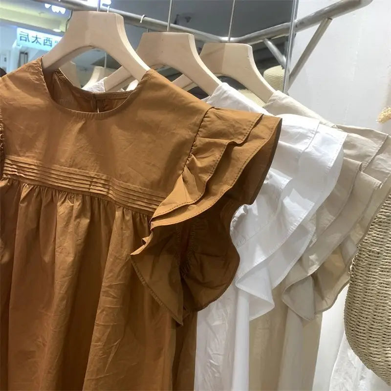 Women's Korean Style Ruffle Blouse – Loose O-Neck Flying Sleeve Vintage Top