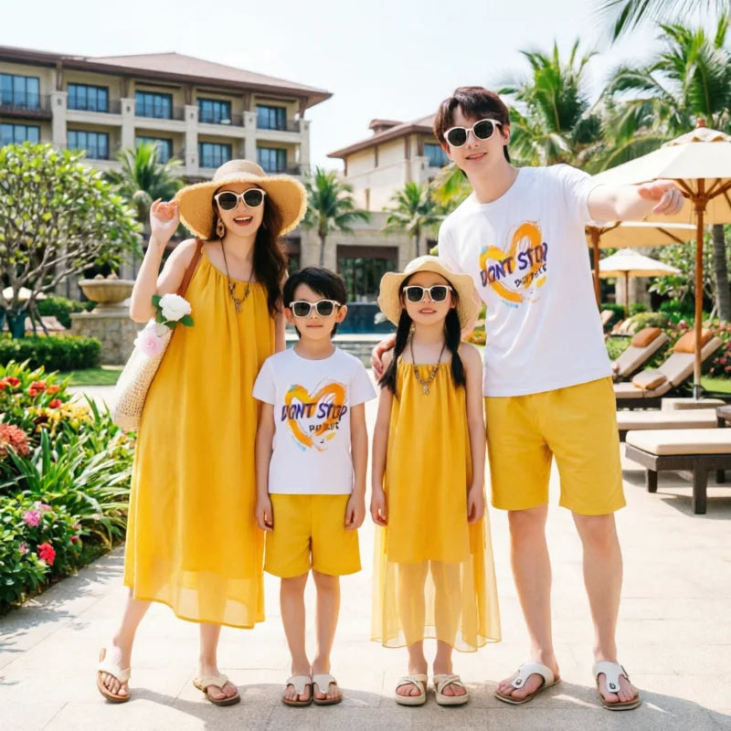 Vacation Family Matching Outfit Beach Mother‑Daughter Girls Yellow Maxi Dress Father‑Son Tops Shorts Sets Holiday Couple Clothes