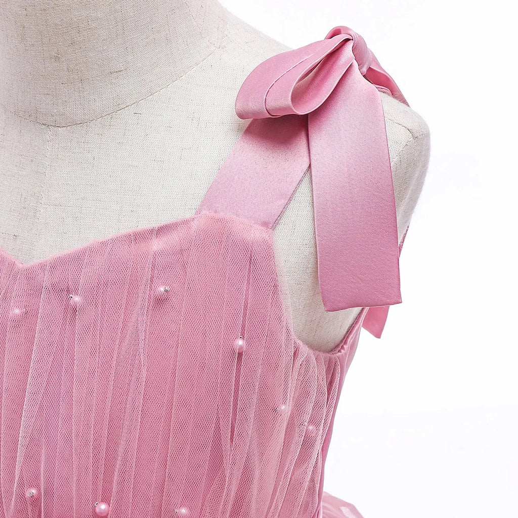 Flower Girls Elegant Cute Bow Pearls Tulle Princess Dress For Toddler Kids Formal Birthday Party Wedding Prom Pageant Puffy Gown