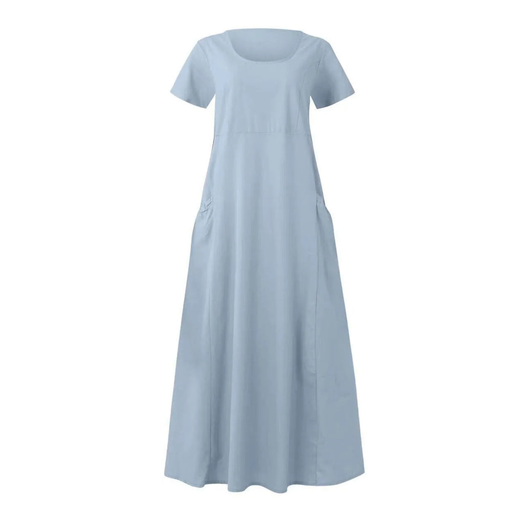 Women Solid Cotton Linen Round Neck Short Sleeve Loose Flowy Maxi Dress EU US Gown