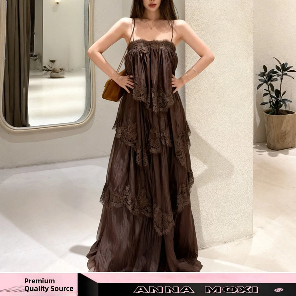 Exclusive Color Dyeing Heavy Work Multi-Layer Skirt Long Dress Women's Commute Style Sleeveless Outdoor Casual Polyester Fiber