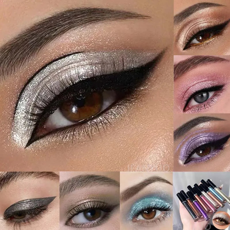 12 Color Liquid Eyeshadow Pearlescent Long-lasting Glitter Eyeliner Waterproof Natural Smokey Silver Shimmer Shadows Eye Makeup