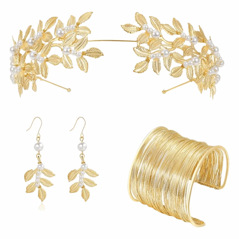 Luxurious Baroque Bridal Jewelry Set Earrings Headpiece And Bracelet Gold Rhinestone For Brides Greek Goddess Theme