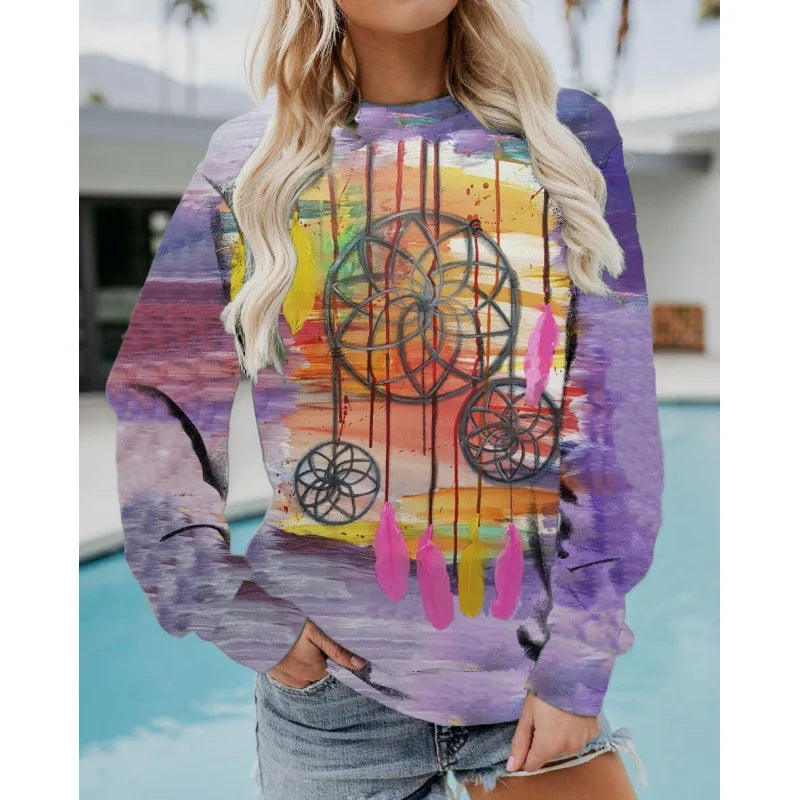 Dream Catcher Retro 3D Print Sweatshirts Women Fashion Casual Long Sleeve Hoodies Y2k Streetwear Pullovers Tops Female Clothing