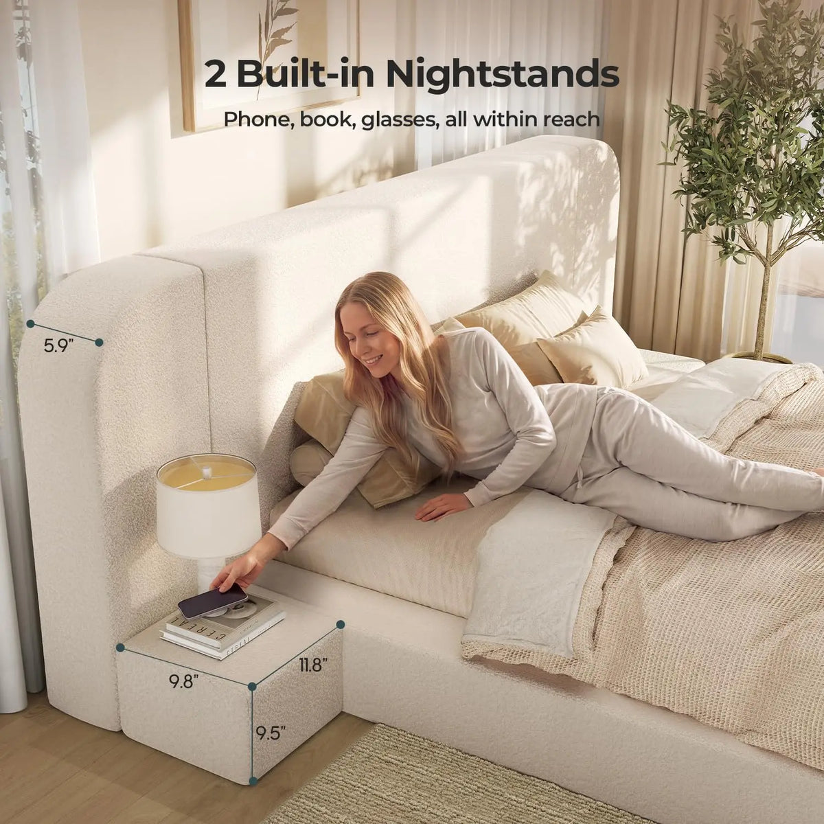 Upholstered King Bed Frame with Headboard & Nightstands, Beige, 110" Wide, 4.9" Foam, Noise-Free, No Box Spring, Customized