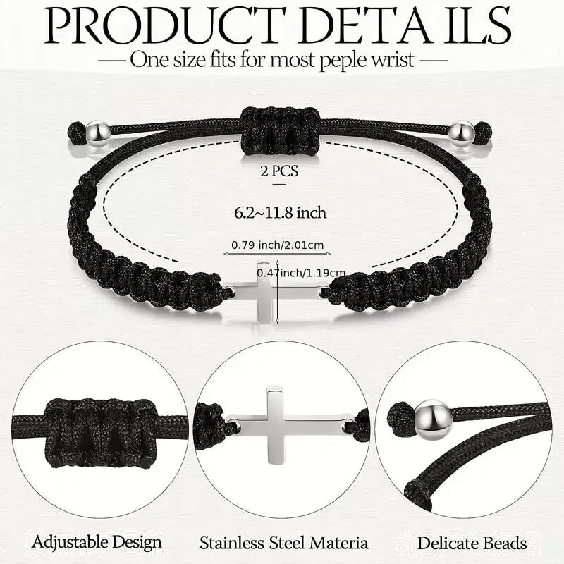 2 Pcs Stainless Steel Cross Braided Rope Couple Bracelets Black White Adjustable Woven Bracelet Gifts