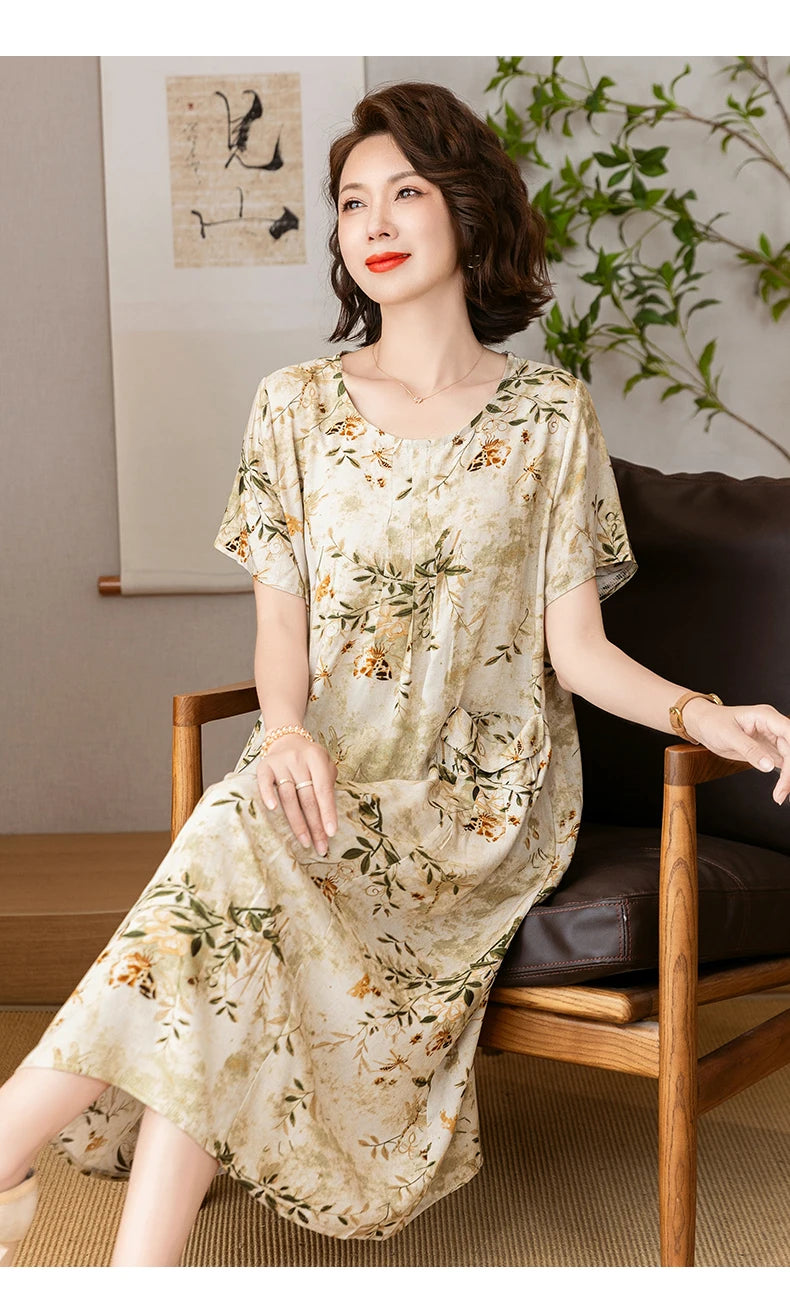 New 2025 Summer Dress Long Vintage Loose Women Elegant Sundress Dress Casual O-neck Dresses Print Plus Size