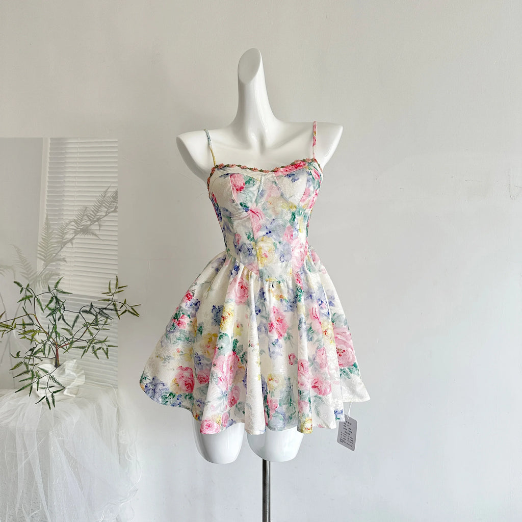 Sweet Pure Desire Style Women's Floral Print Halter Dress Slimming Waist Design Casual Summer Polyester Fiber Gown