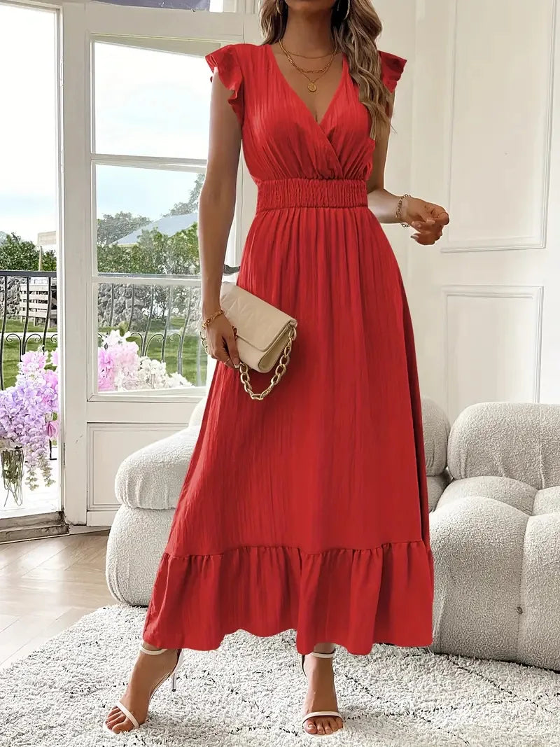Women's Fashionable Elegant and Casual Long Ruffled Sleeves and Elegant Commuting V-neck Solid Color Pleated Splicing Slim Dress