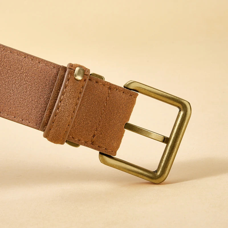 Luxury Suede Cowhide Leather Belt For Women'S, Vintage Style With Gold Buckle, 3.5Cm Wide Waistband For Dresses & Jeans 2042