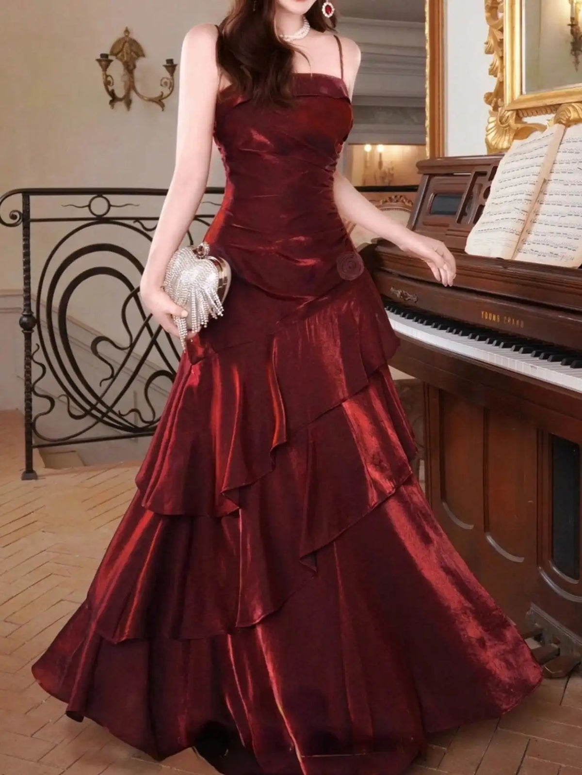 Women's Ruffles Elegant Romantic Spaghetti Straps Dresses Prom Gown Princess Graduation Party Sling DressFestival Formal Clothes
