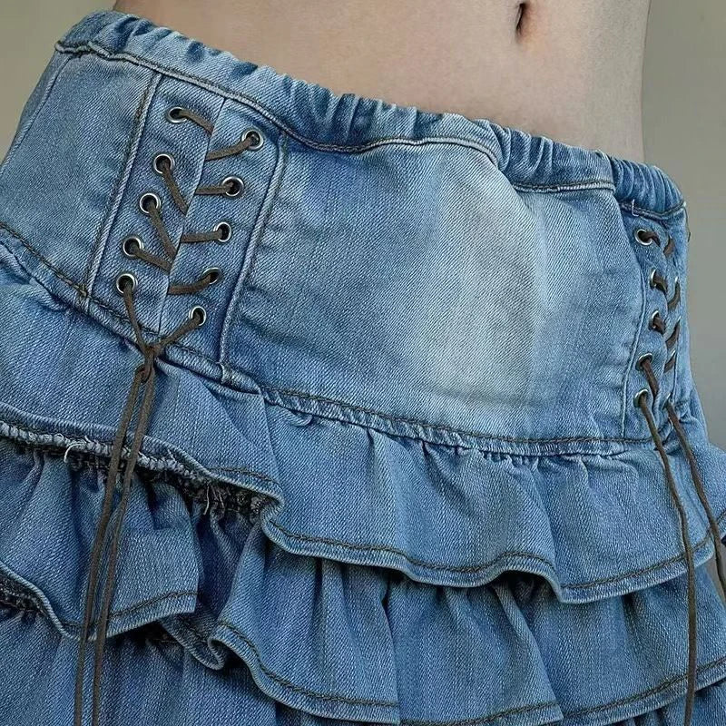 Vintage Lace Up Denim Skirts Women Y2K American Mid Waist All Match Mini Skirts Summer Streetwear Casual Pleated Jeans Skirts