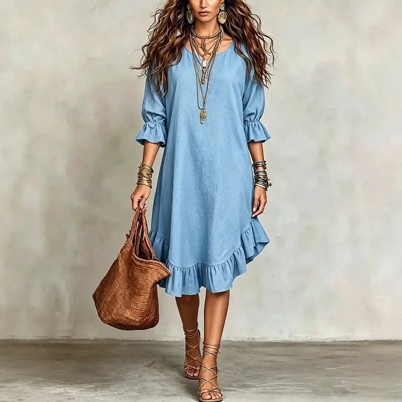 Retro Solid Summer Women's Dress Fashion Casual V-Neck Irregular lotus leaf edges Midi Dress Loose Simple Elegant Party Dress