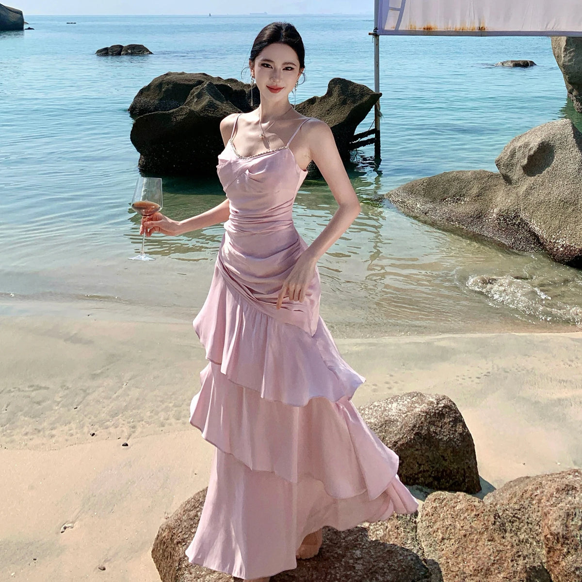 Elegant Women Spaghetti Strap Maxi Dress Rhinestone Trim Ruched Waist Ruffle Hem Pink Dress For Cocktail Party Wedding Guest
