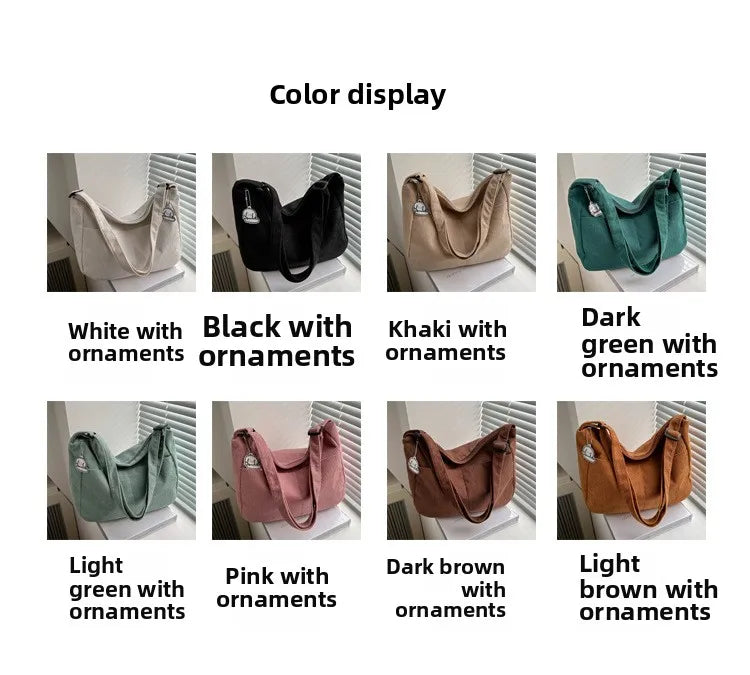 Women’s Corduroy Shoulder Bag, Casual Striped Large Capacity Tote with Zipper Closure, Cute Hat Patch, Perfect for Everyday Use