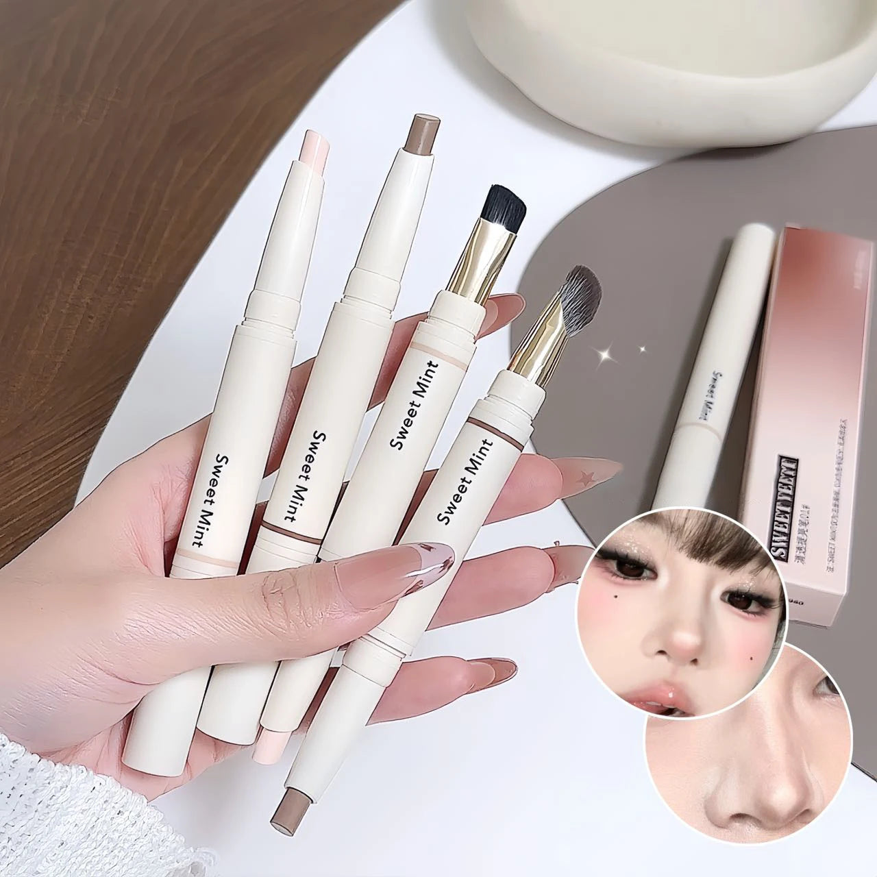 Dual-Ended Face Contour & Highlight Stick 3D Nose Shadow with Smudge Brush Silky Smooth Concealer Pen Natural Sculpting Makeup