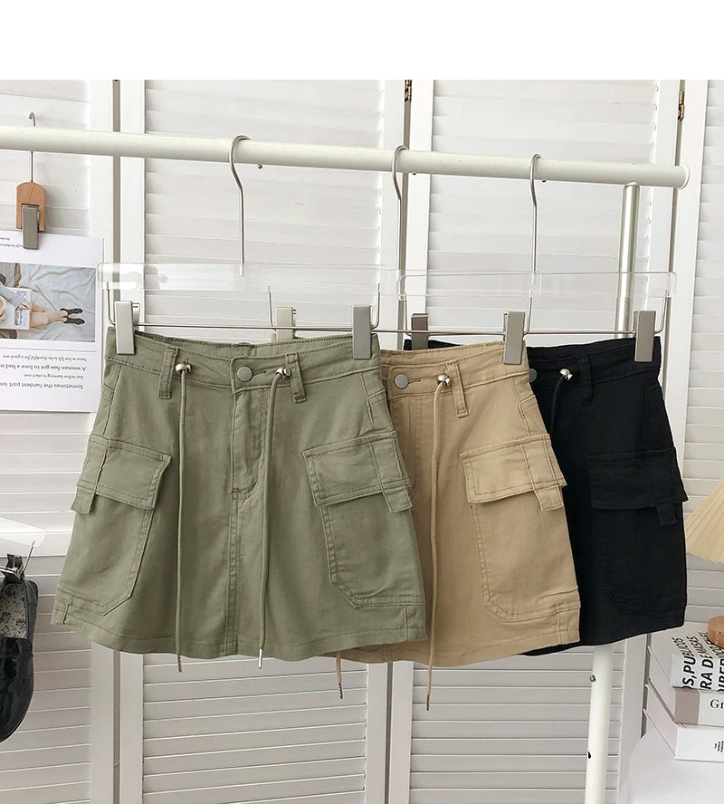 Retro High Waist Denim  Skirt Women's Spring Summer Autumn Casual Drawstring Anti-Light Short Skirt Polyester Fiber