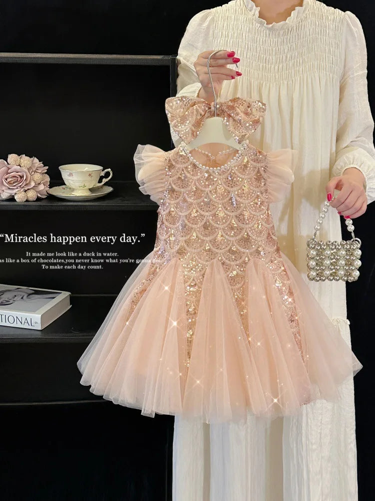 2026 New Summer Party Dresses for Girls Children's Elegant Fashion Mesh Flying Sleeves Sequined Tank Top Princess Skirt S3069