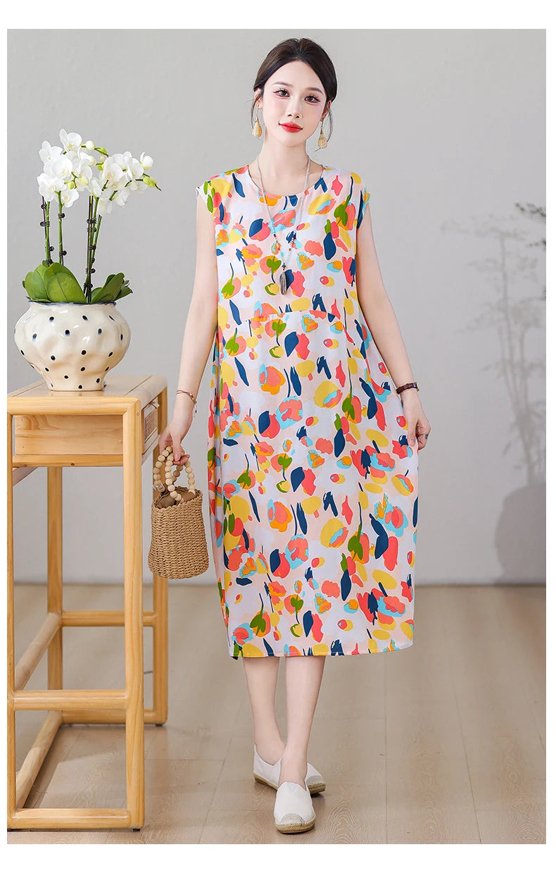 New Fashion Vintage Floral Print  Sleeveless Casual Party Femme Summer Dresses For Women 2025 O-neck Straight Women Clothing