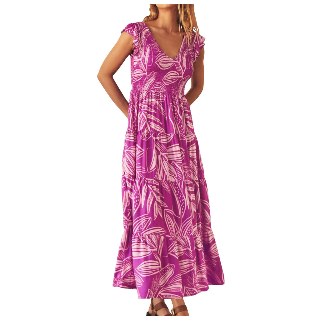 Women's Summer Flowy Maxi Dress Casual Cap Sleeve V Neck Smocked Beach Cotton Midi Dresses