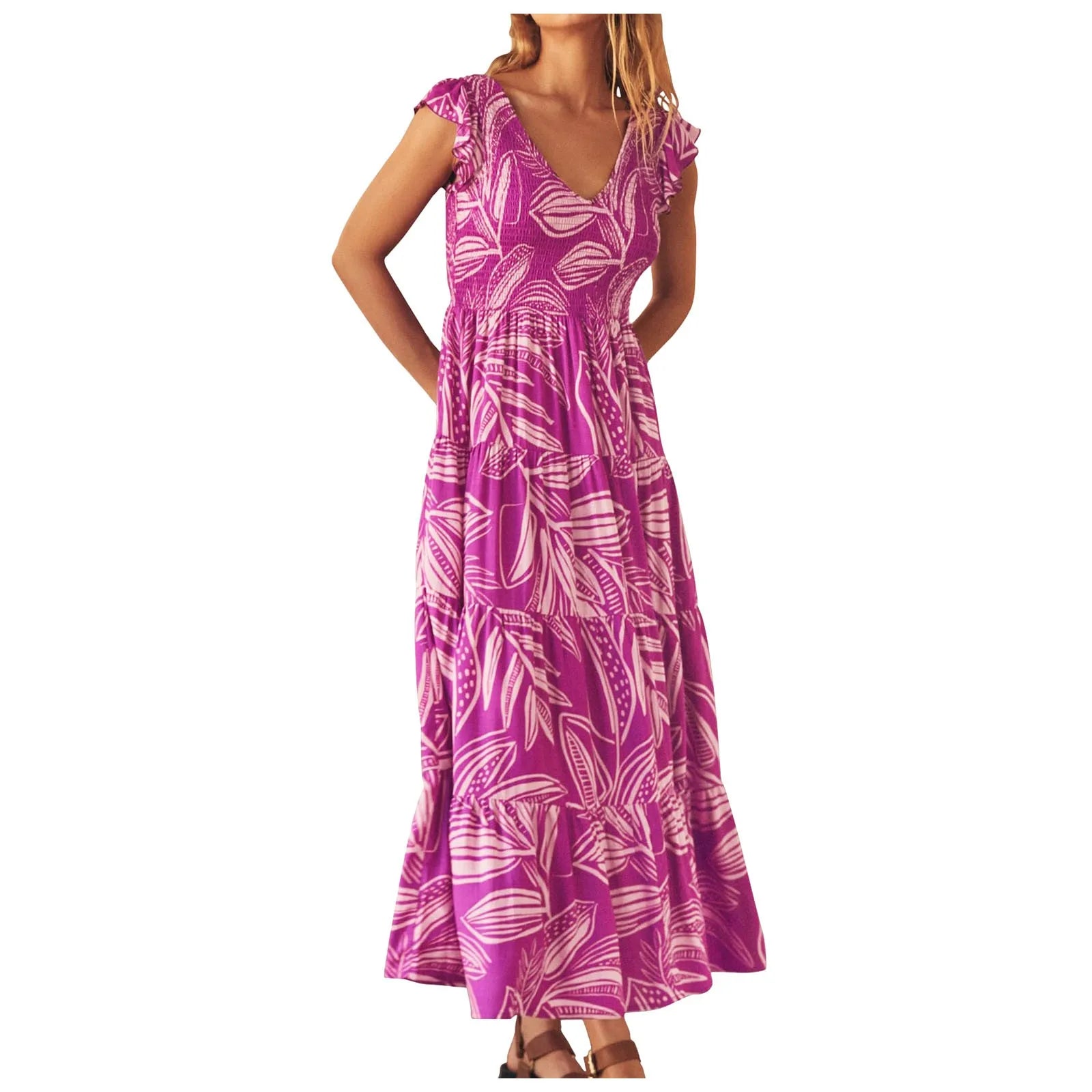 Women's Summer Flowy Maxi Dress Casual Cap Sleeve V Neck Smocked Beach Cotton Midi Dresses