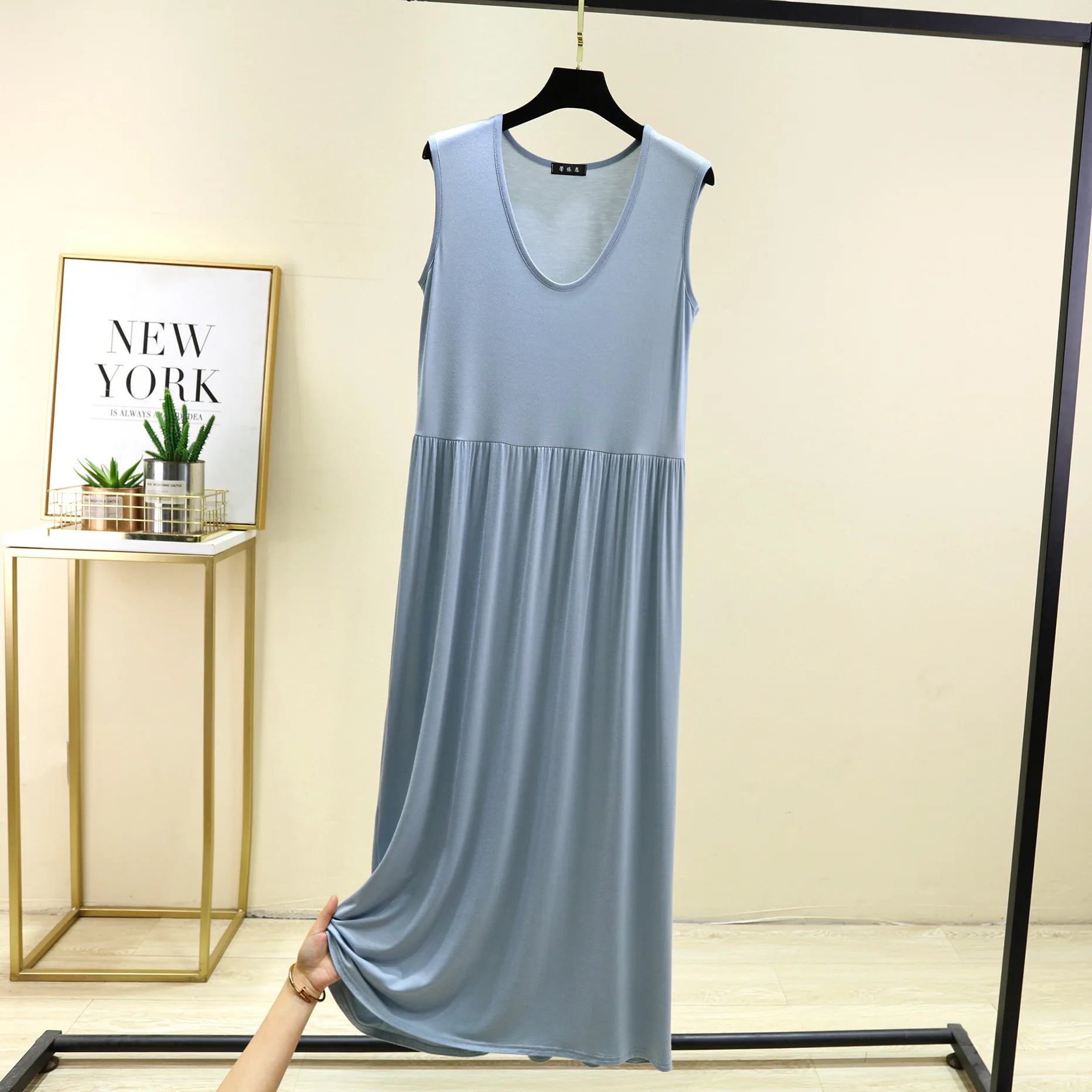 Plus Size Women's Modal Sleeveless Tank Dress – Pleated Mid-Length Waist-Slimming Homewear