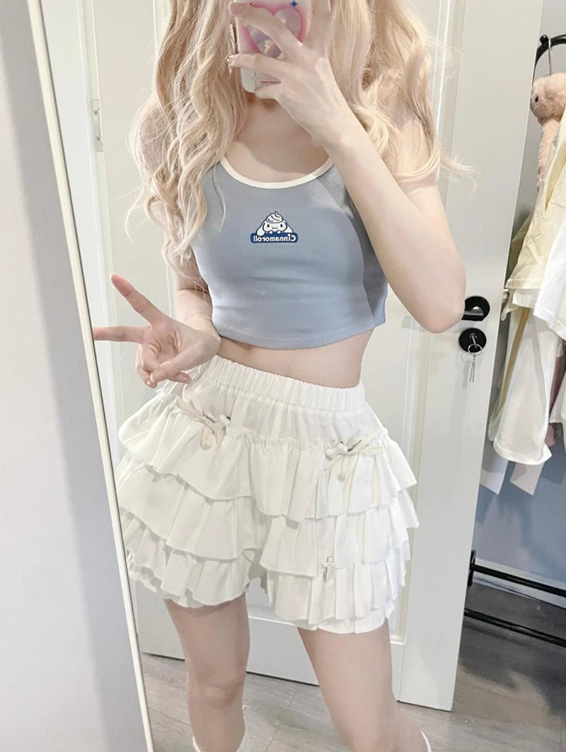 Pastel Tiered Ruffle Mini Skirt with Built-in Bloomer Shorts Layered Frill Skort Women Soft-Girl Kawaii Lolita Jirai Kei Sukapan