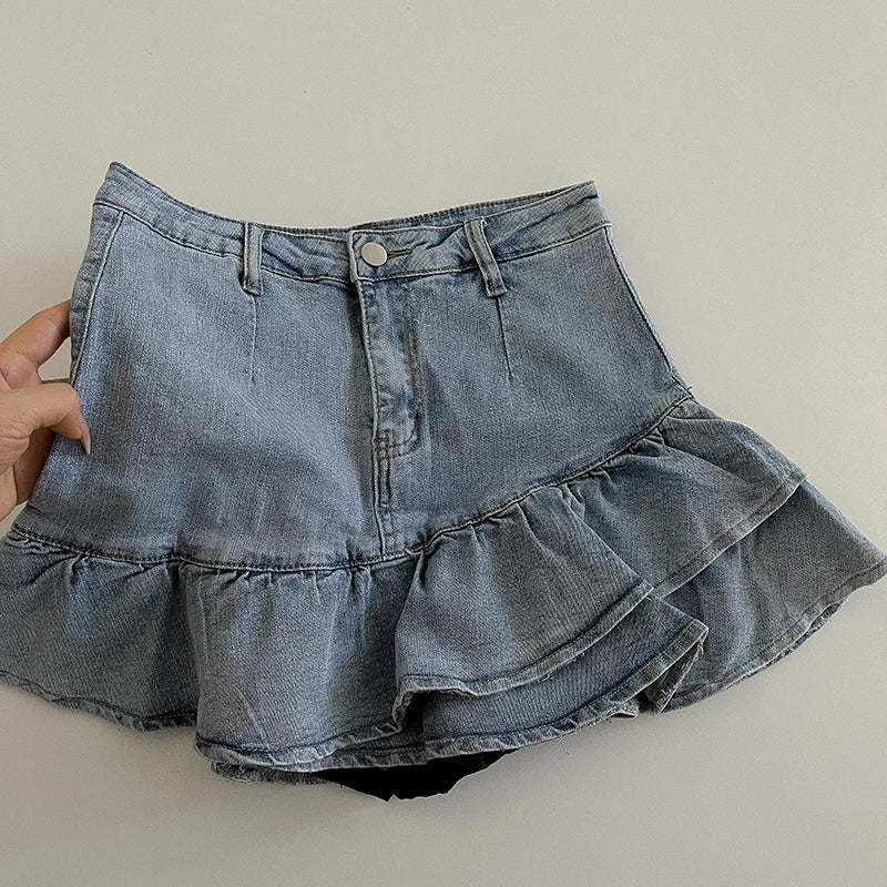 Personalized Asymmetrical Pleated Blue Denim Skirt High Waist Lining A-line Short Skirt Summer Fashion Hotsweet Women's Clothing