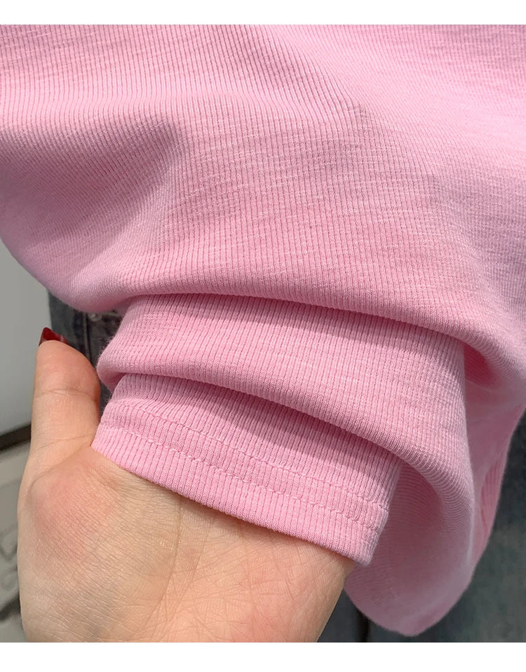 Pink Shoulder Bared Short Sleeve T Shirt Women's Summer New Style Ageless Lady Pure Desire Spicy Girl Top Simple Backless Design