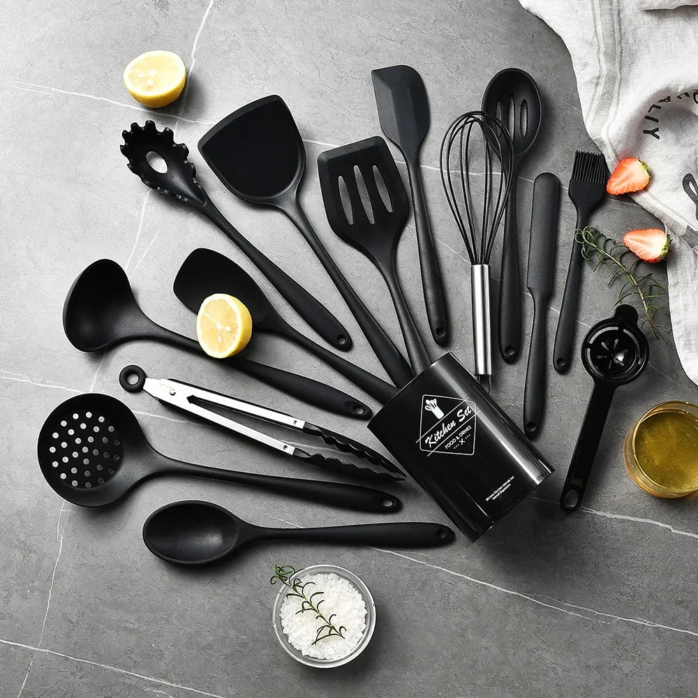 Juego de utensilios de cocina de silicona de grado alimenticio caqui de 15 piezas, que incluye espátula giratoria, cuchara sopera, herramienta práctica de cocina
