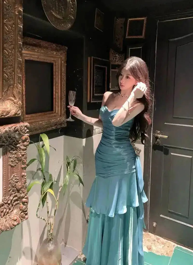 LGRQ 2026 Summer Blue Niche Strap Dress Fishtail Elegant Long Dresses Solid Color Female Elegant Party Gown 19DA2013