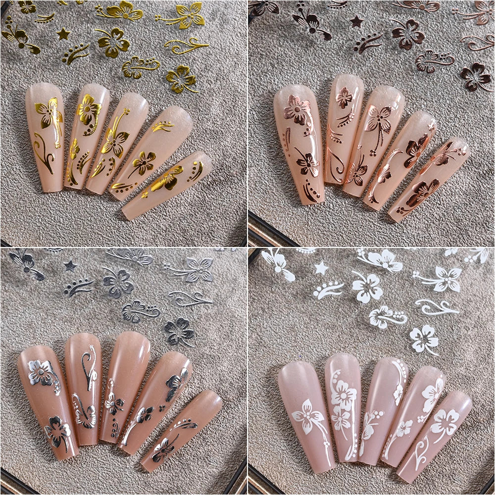 1 pieza 3D pegatinas de hibisco para uñas, flores blancas y negras, pétalos, calcomanías adhesivas, deslizadores florales rosas y dorados para decoración de uñas