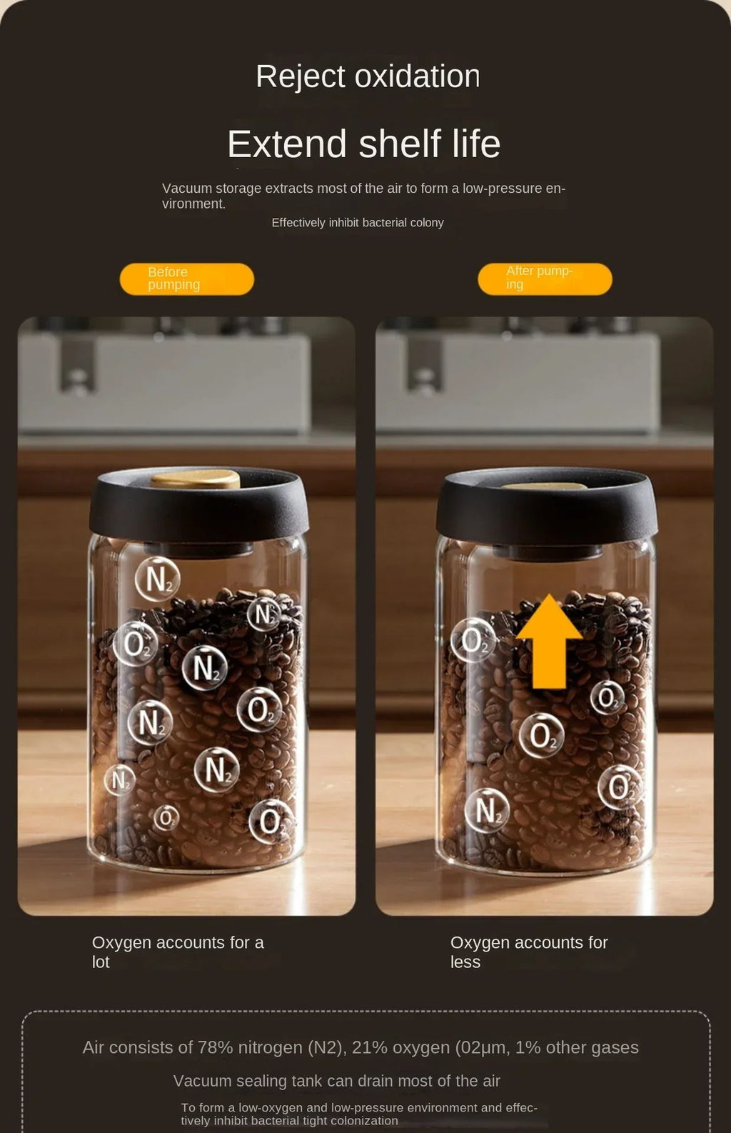 Multi Capacity Black Lid Coffee Pot Manual Vacuum Moisture-proof Storage Pot Kitchen Glass Teapot Coffee Bean Storage Sealed Jar