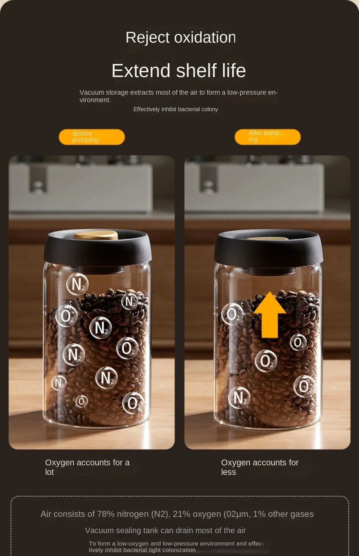 Multi Capacity Black Lid Coffee Pot Manual Vacuum Moisture-proof Storage Pot Kitchen Glass Teapot Coffee Bean Storage Sealed Jar