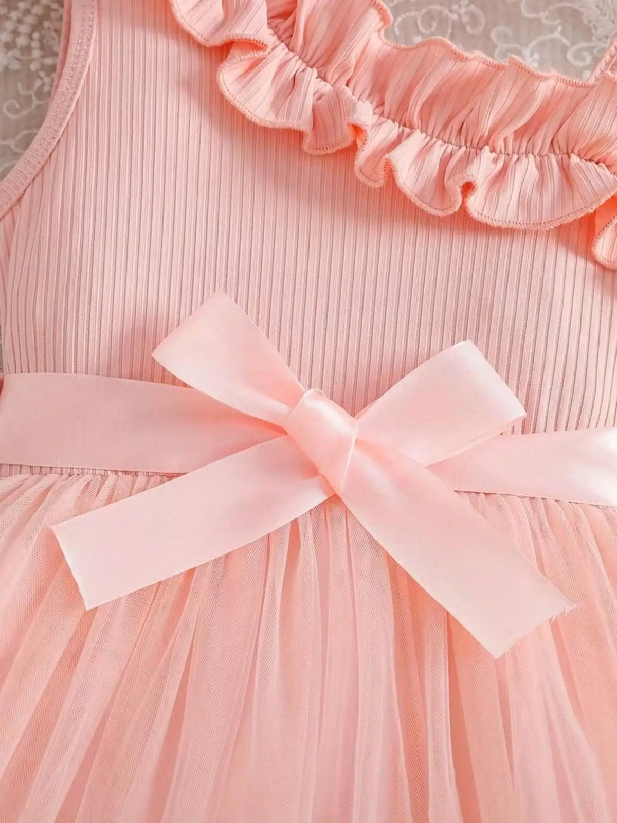 Little Girl Romantic Style Tulle Tutu Dress with Ribbed Bodice Ruffle Neck Waist Bow 3D Butterfly Mesh Skirt for Photoshoot