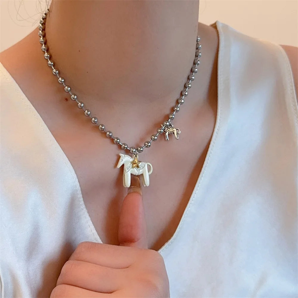 Lats White Black Green Blue Pink Color Enamel Colt Horse Pendant Necklaces For Women'S Silver Plated Alloy Beads Chain Chokers