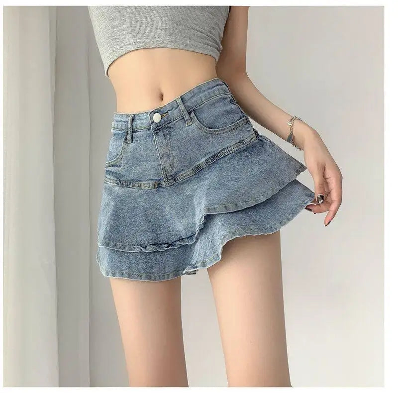 Harajuku Y2k Kawaii Hot Girl Denim Skirt College Style Women Pleated Skirt Jeans Casual High Waist Mini A-line Short Skirt